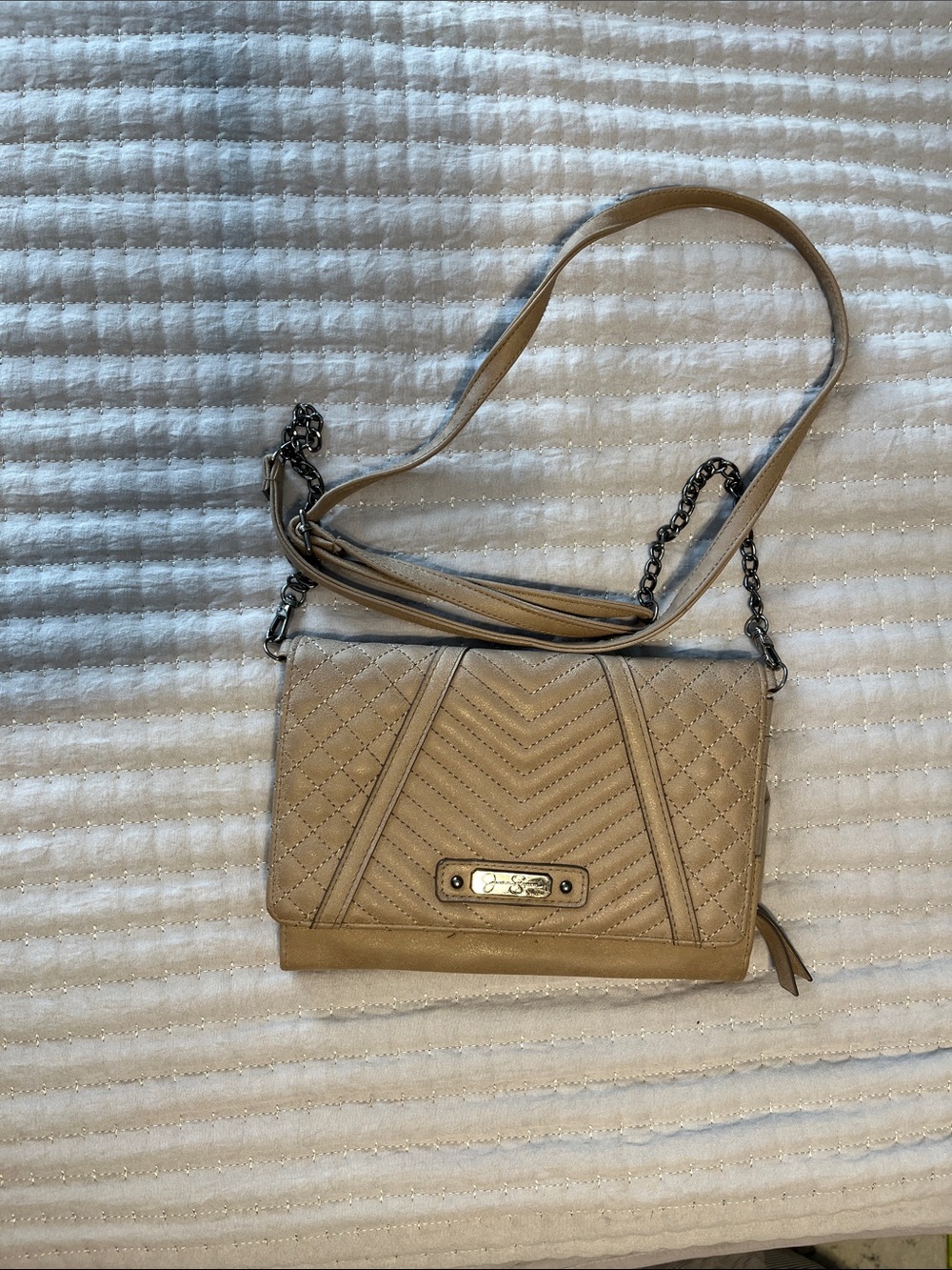Jessica Simpson Beige Quilted Crossbody with Chain Strap
